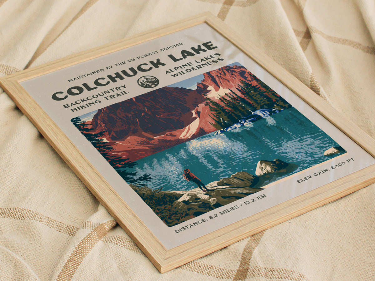 Colchuck Lake, Alpine Lakes Wilderness Poster | Hiker Gift | Backcountry Trail Wall Art — styled in a modern interior