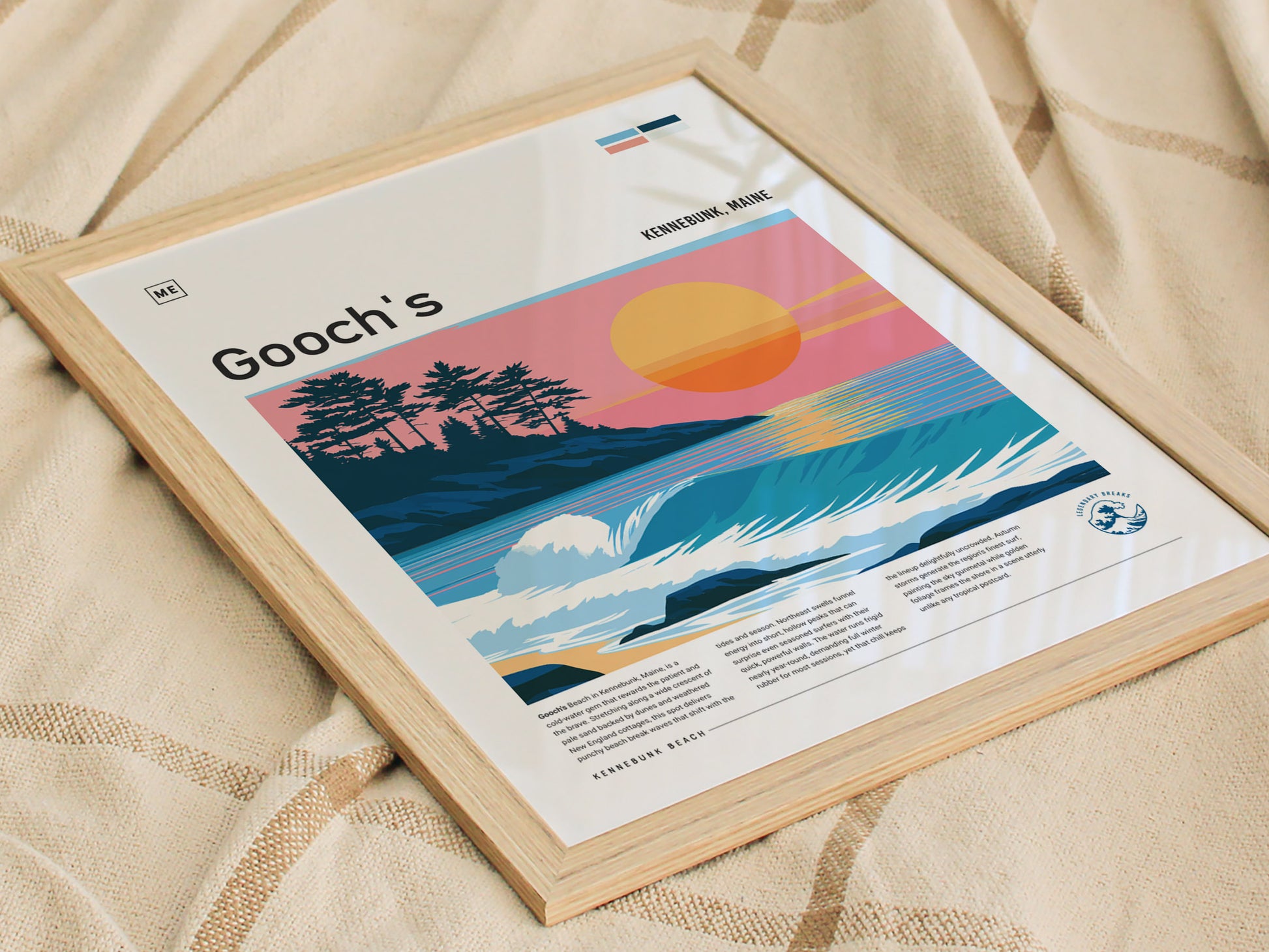 Gooch's Beach, Kennebunk, Maine Poster | Rocky Shore & Rolling Waves Wall Art — styled in a modern interior
