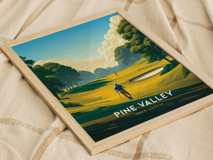 A framed illustration of a golfer on a lush, green course with trees and a sand trap under a blue sky, labeled Pine Valley Golf Course.