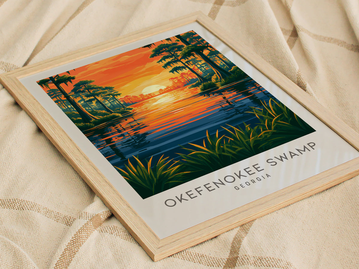 Okefenokee Swamp Matte Border Poster | Georgia Vacation Wall Art Framed or Unframed — styled in a modern interior