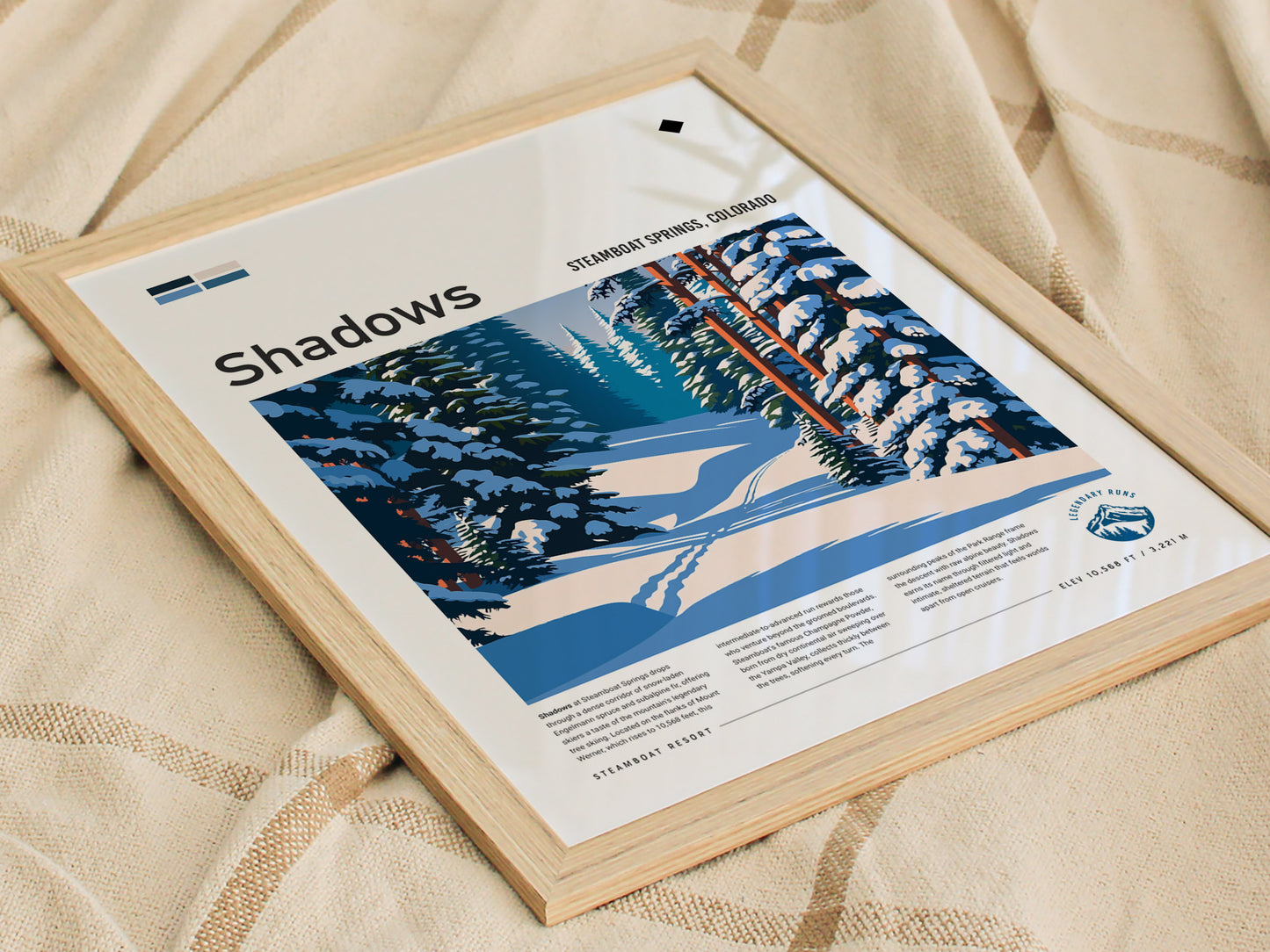 Shadows, Steamboat Poster | Snowy Ski Run Mountain Wall Art — styled in a modern interior