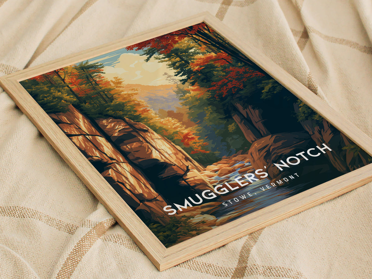 Smugglers' Notch, Stowe, Vermont Poster | Mountain Pass Destination Print Wall Art — styled in a modern interior