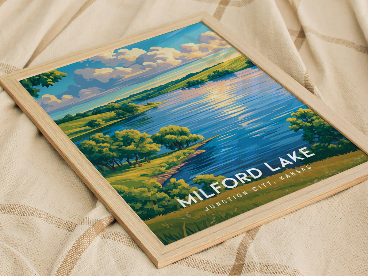 Milford Lake, Junction City, Kansas Poster | Lakeside Serenity Destination Print Wall Art — styled in a modern interior