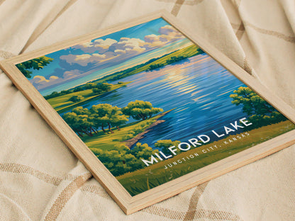 Milford Lake, Junction City, Kansas Poster | Lakeside Serenity Destination Print Wall Art — styled in a modern interior