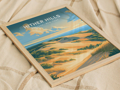 Hither Hills Poster | Montauk, New York Vacation Wall Art Framed or Unframed — styled in a modern interior