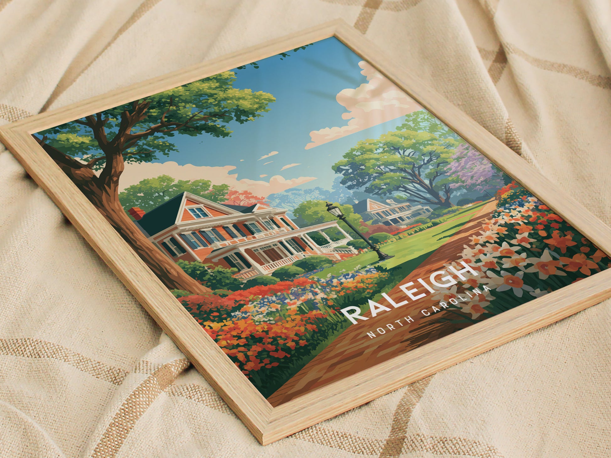 Raleigh, North Carolina Poster | Oak City Skyline Destination Print Wall Art — styled in a modern interior