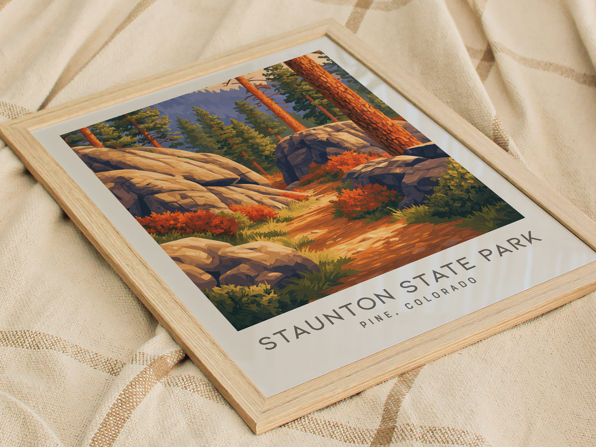 Staunton State Park Matte Border Poster | Pine, Colorado Destination Print Travel Wall Art — styled in a modern interior