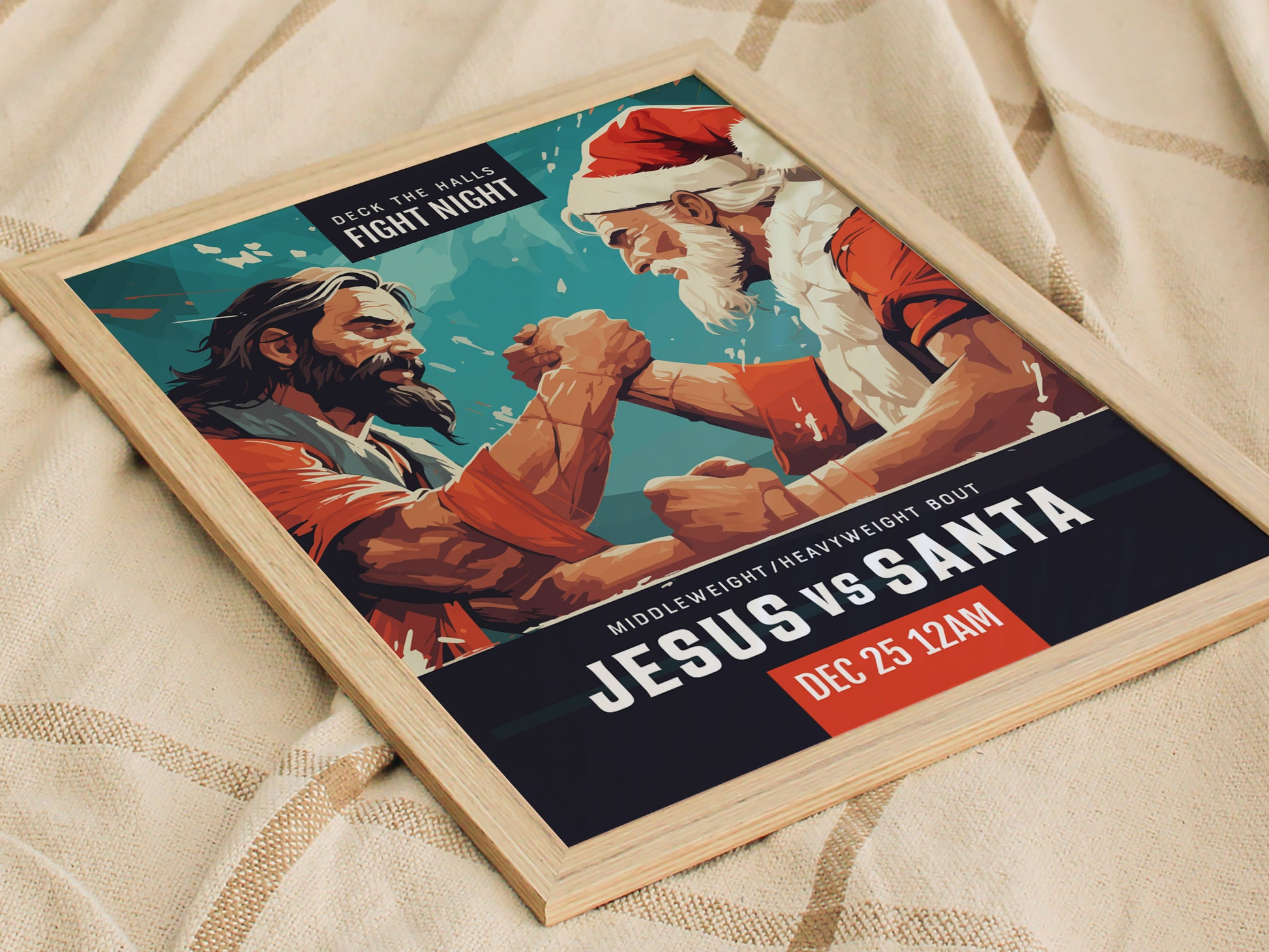 A framed poster depicts a stylized arm-wrestling match between Jesus and Santa, labeled Jesus vs Santa with a fight night theme. The poster rests on a beige fabric background.