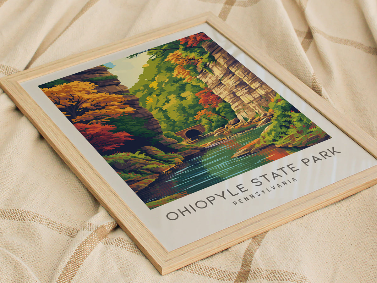 Ohiopyle State Park Matte Border Poster | Pennsylvania Destination Print Travel Wall Art — styled in a modern interior
