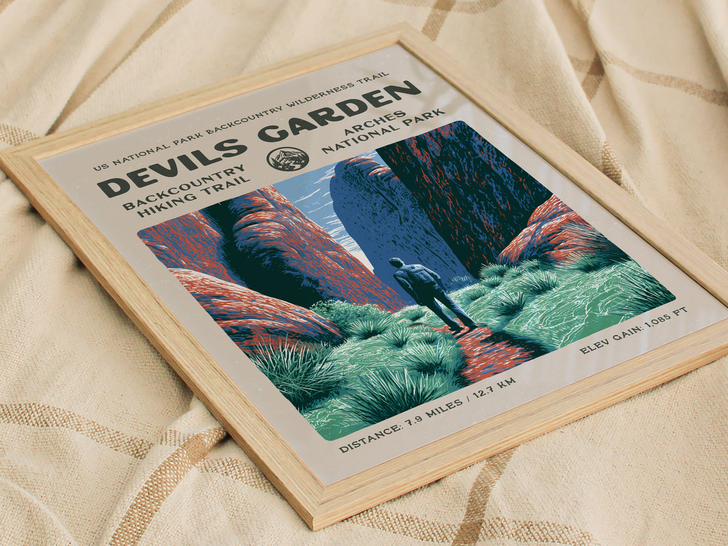 Devils Garden, Arches National Park Poster | Hiker Gift | Sandstone Fins & Arches Wall Art — styled in a modern interior