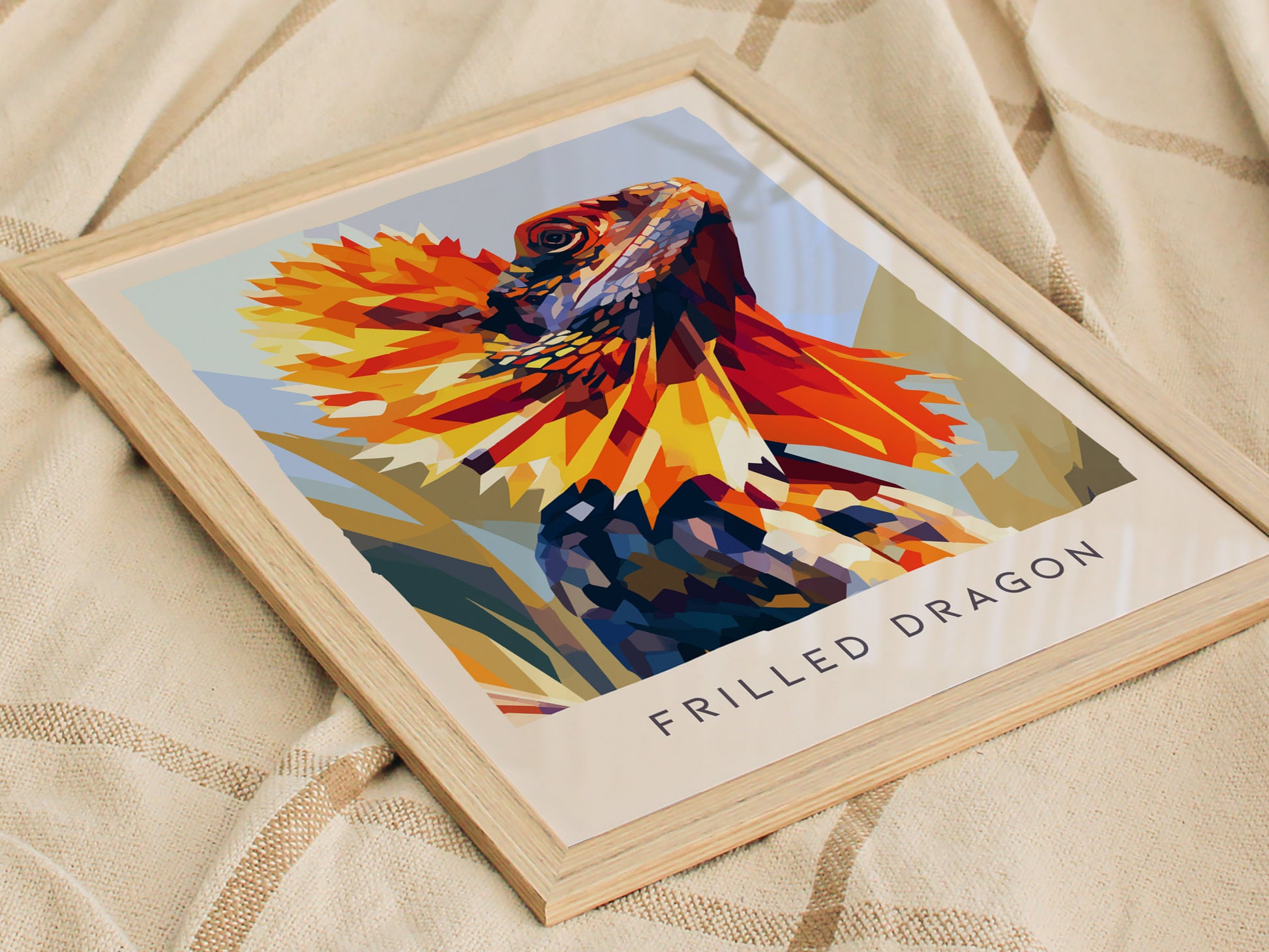 Frilled Dragon, Wildlife Poster | Ancient Reptile Portrait Wall Art — styled in a modern interior