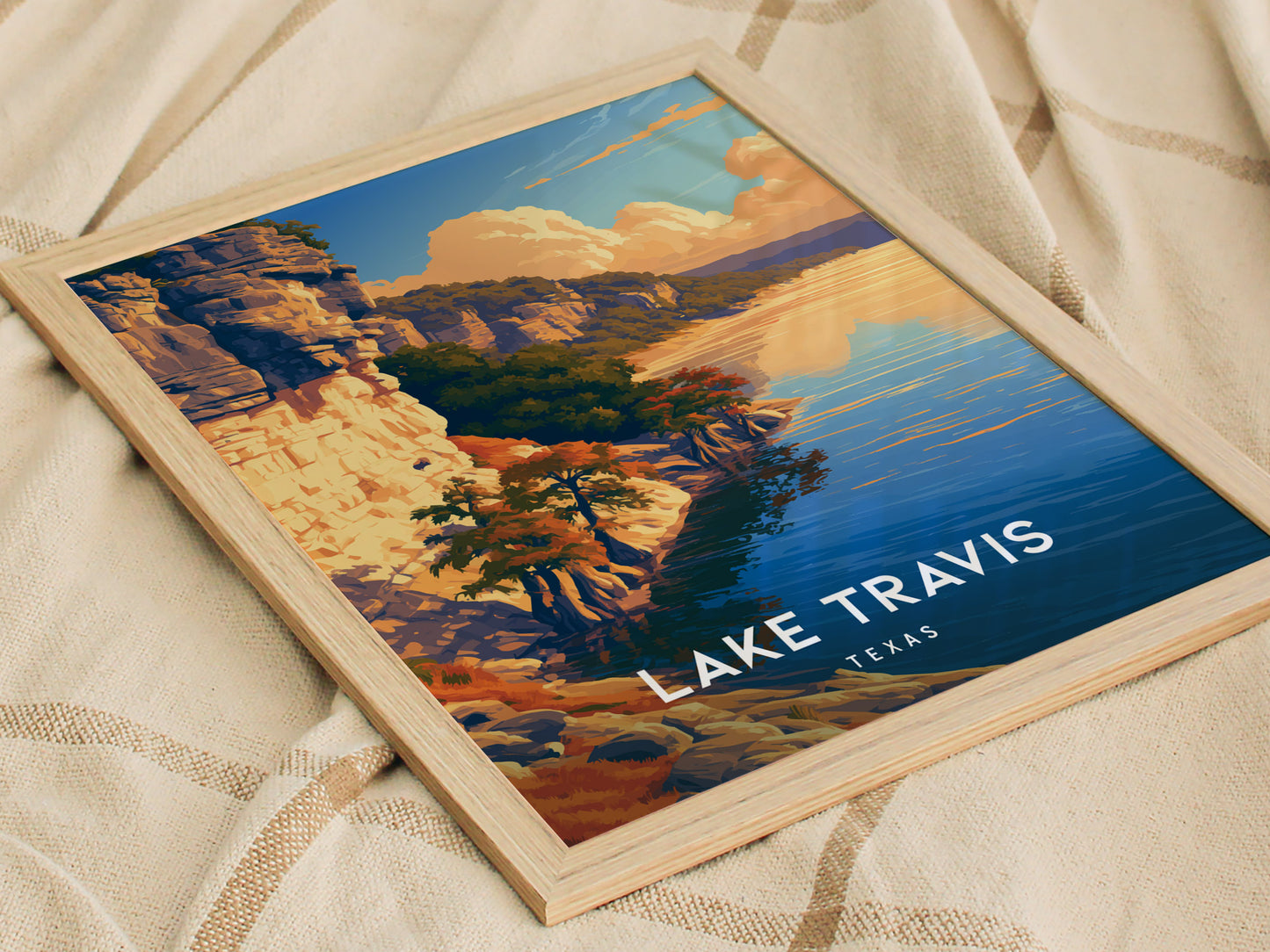Lake Travis, Texas Poster | Hill Country Lake Sunset Wall Art — styled in a modern interior
