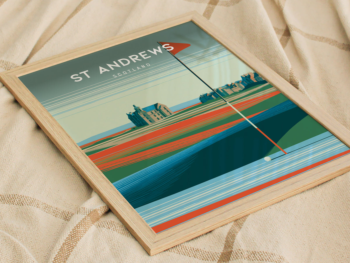 St Andrews Old Course, Scotland Poster | Links Poster Golfer Gift Wall Art — styled in a modern interior