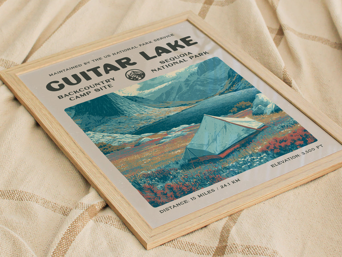 Guitar Lake, Sequoia National Park Poster | Hiker Gift | Backcountry Trail Wall Art — styled in a modern interior