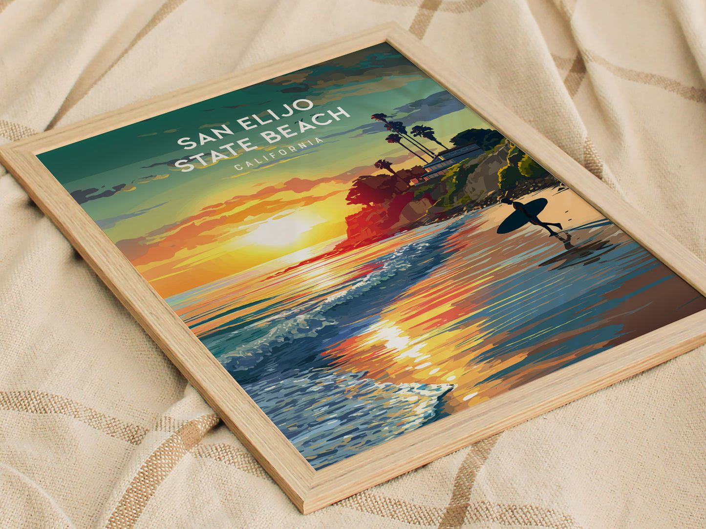 San Elijo State Beach, California Poster | Golden Bluffs & Ocean Breeze Wall Art — styled in a modern interior