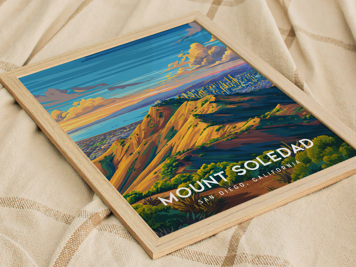 Mount Soledad, California Poster | Cross & Coastline Panoramic View Wall Art — styled in a modern interior
