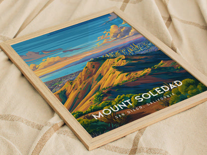 Mount Soledad, California Poster | Cross & Coastline Panoramic View Wall Art — styled in a modern interior