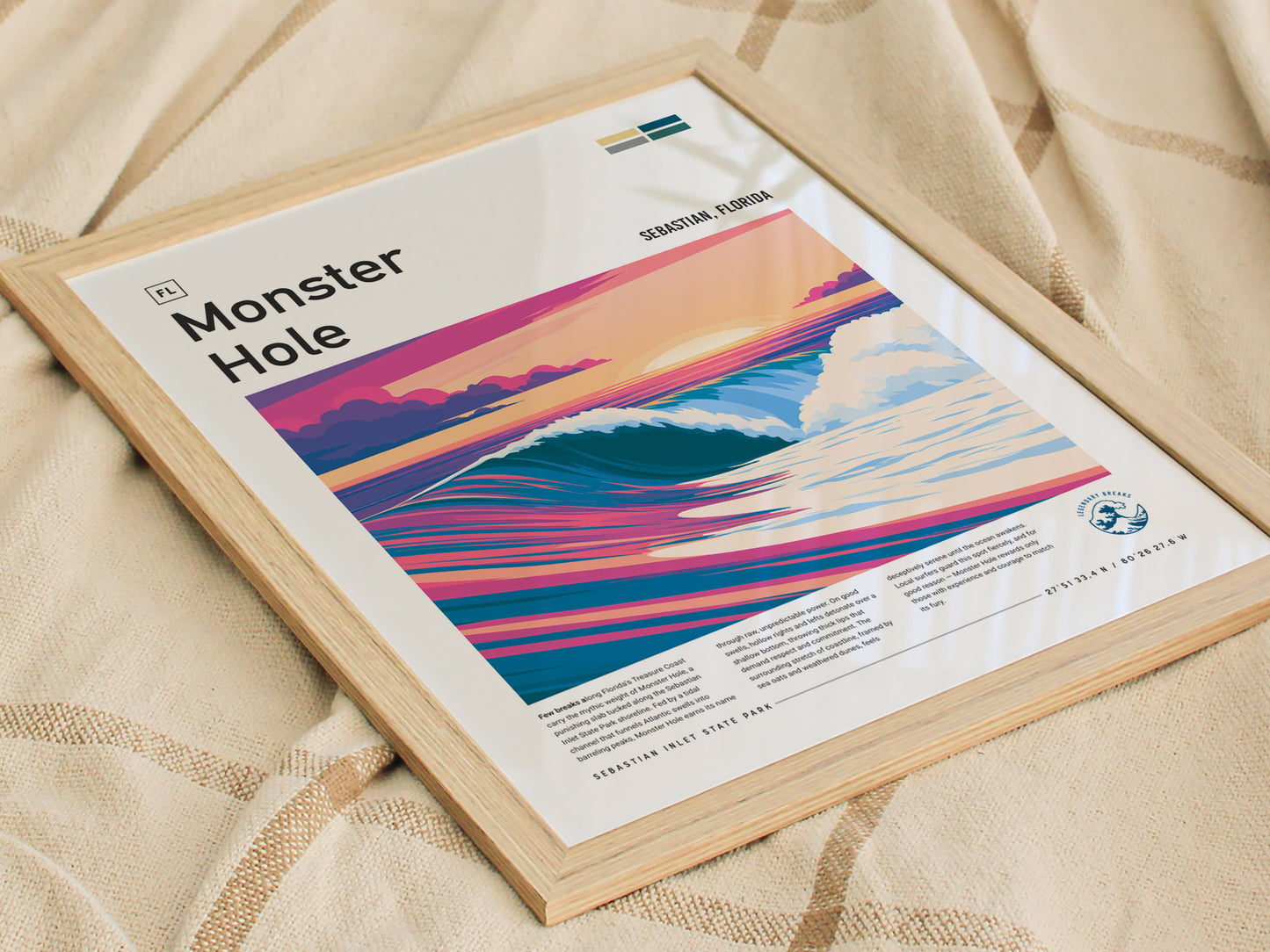 Monster Hole, Florida Poster | Barrel Wave & Tropical Surf Wall Art — styled in a modern interior