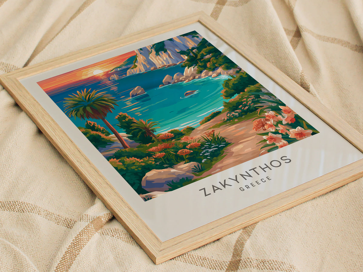 Zakynthos Matte Border Poster | Greece Travel Wall Art — styled in a modern interior