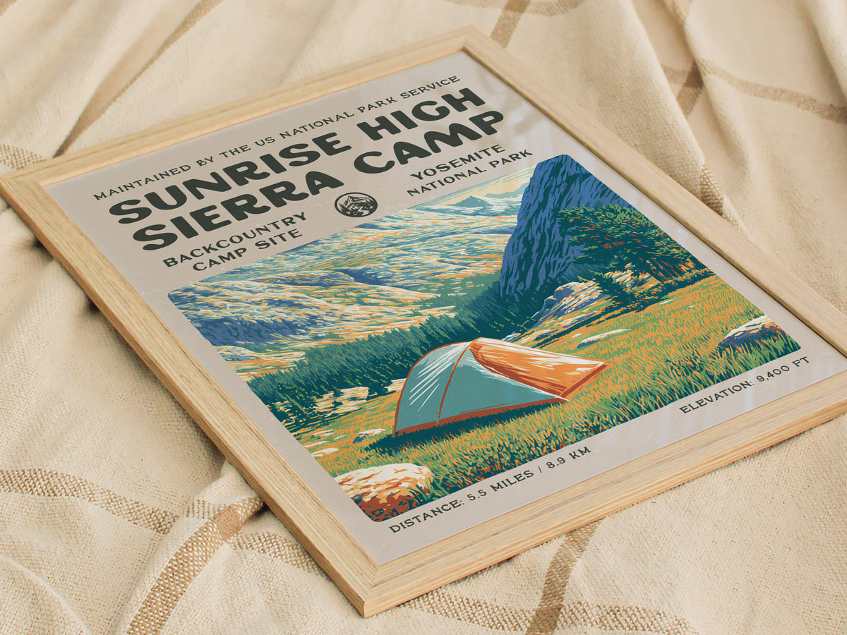 Sunrise High Sierra Camp, Yosemite National Park Poster | Backpacker Gift | Backcountry Trail Wall Art — styled in a modern i