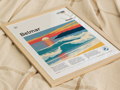 Belmar, New Jersey Poster | Surf & Boardwalk Coastal Wall Art — styled in a modern interior