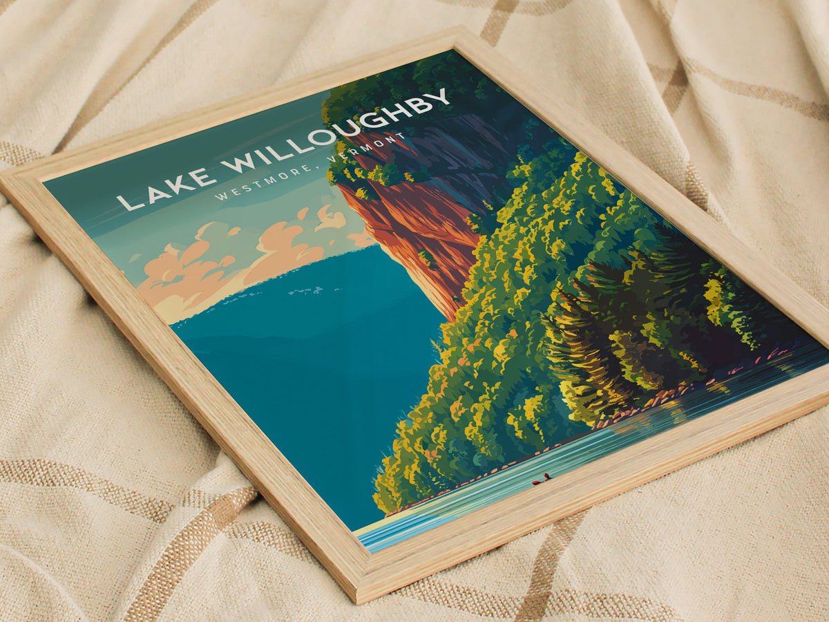 Lake Willoughby, Westmore, Vermont Poster | Scenic Mountain Lake Travel Wall Art — styled in a modern interior