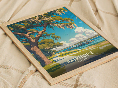 A framed poster of Fairhope, Alabama, featuring a picturesque live oak tree with Spanish moss and sailboats on Mobile Bay, resting on a textured beige fabric.