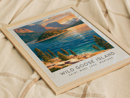 Wild Goose Island Matte Border Poster | Saint Mary Lake, Montana Travel Wall Art — styled in a modern interior