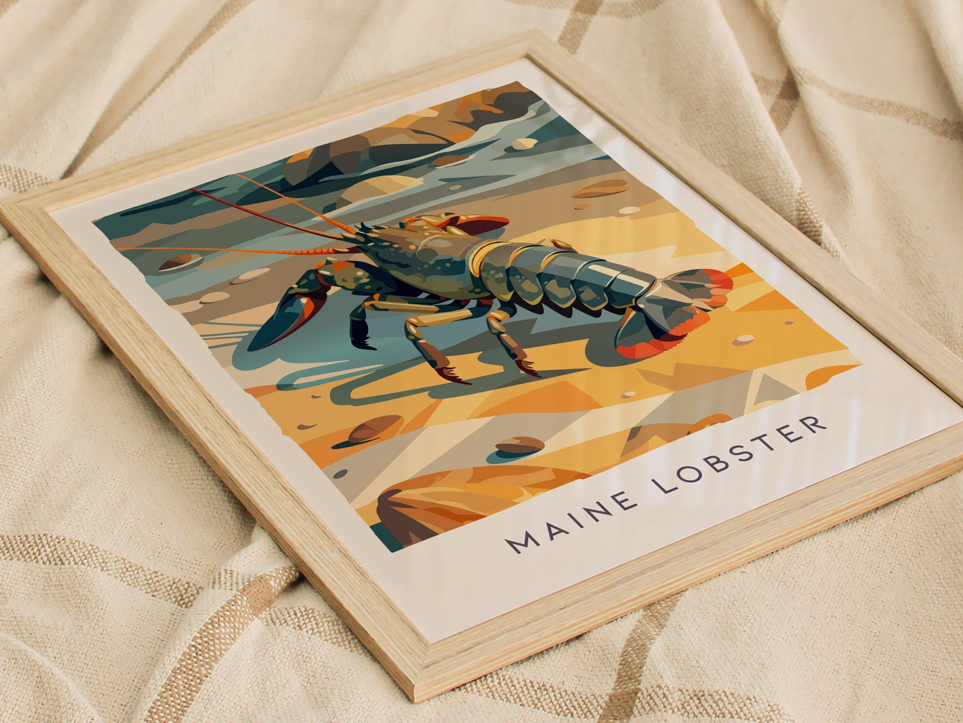 Maine Lobster Poster | Rugged Coast Lobster Wildlife Wall Art — styled in a modern interior