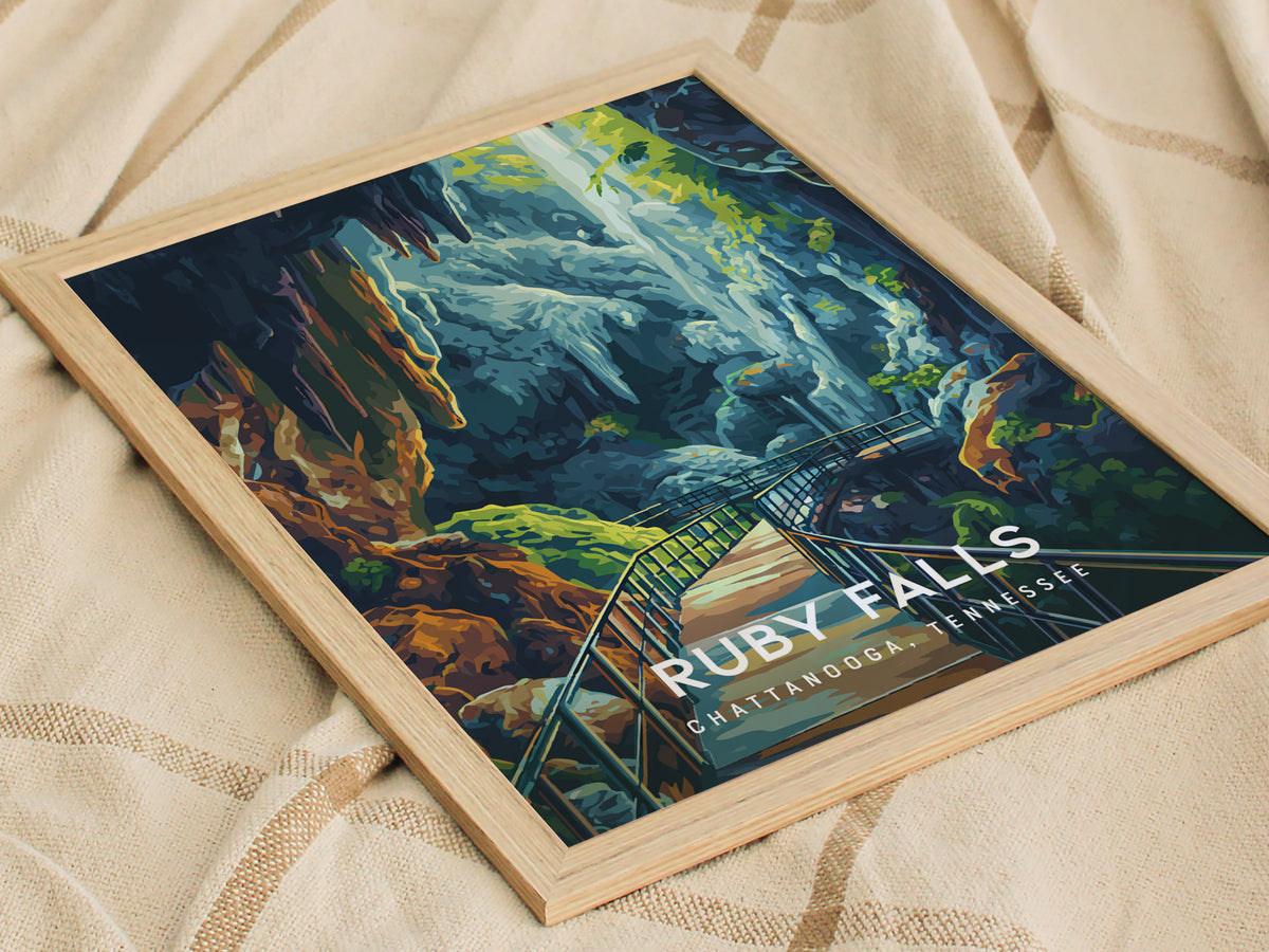 Ruby Falls, Chattanooga, Tennessee Poster | Underground Waterfall Travel Wall Art — styled in a modern interior