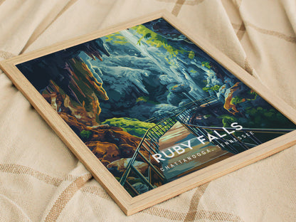 Ruby Falls, Chattanooga, Tennessee Poster | Underground Waterfall Travel Wall Art — styled in a modern interior