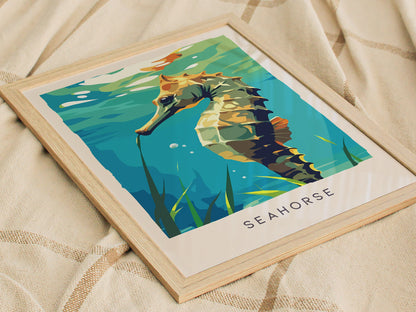 Seahorse Wildlife Poster | Graceful Ocean Creature Fine Wall Art — styled in a modern interior