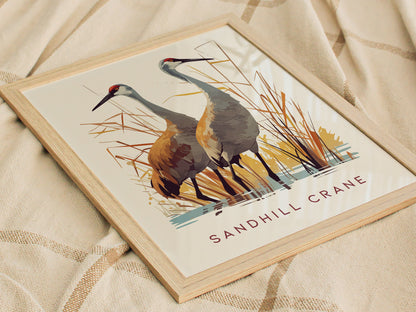 A framed poster displays two sandhill cranes standing amidst stylized marsh grasses with the text SANDHILL CRANE beneath, resting on a textured beige fabric.