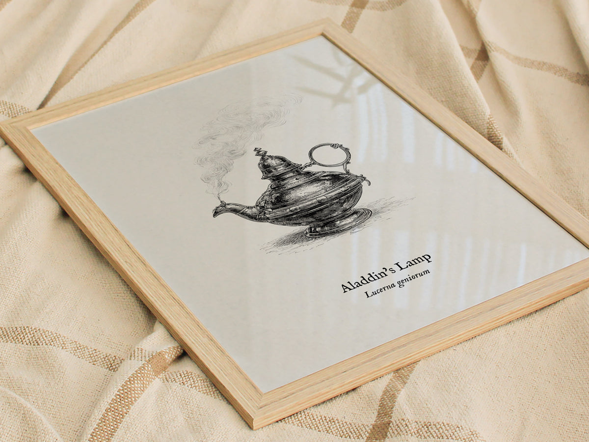 Aladdin's Lamp Poster | Lucerna Geniorum Pen and Ink Print Vintage Scientific Illustration Wall Art — styled in a modern inte