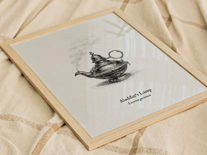Aladdin's Lamp Poster | Lucerna Geniorum Pen and Ink Print Vintage Scientific Illustration Wall Art — styled in a modern inte