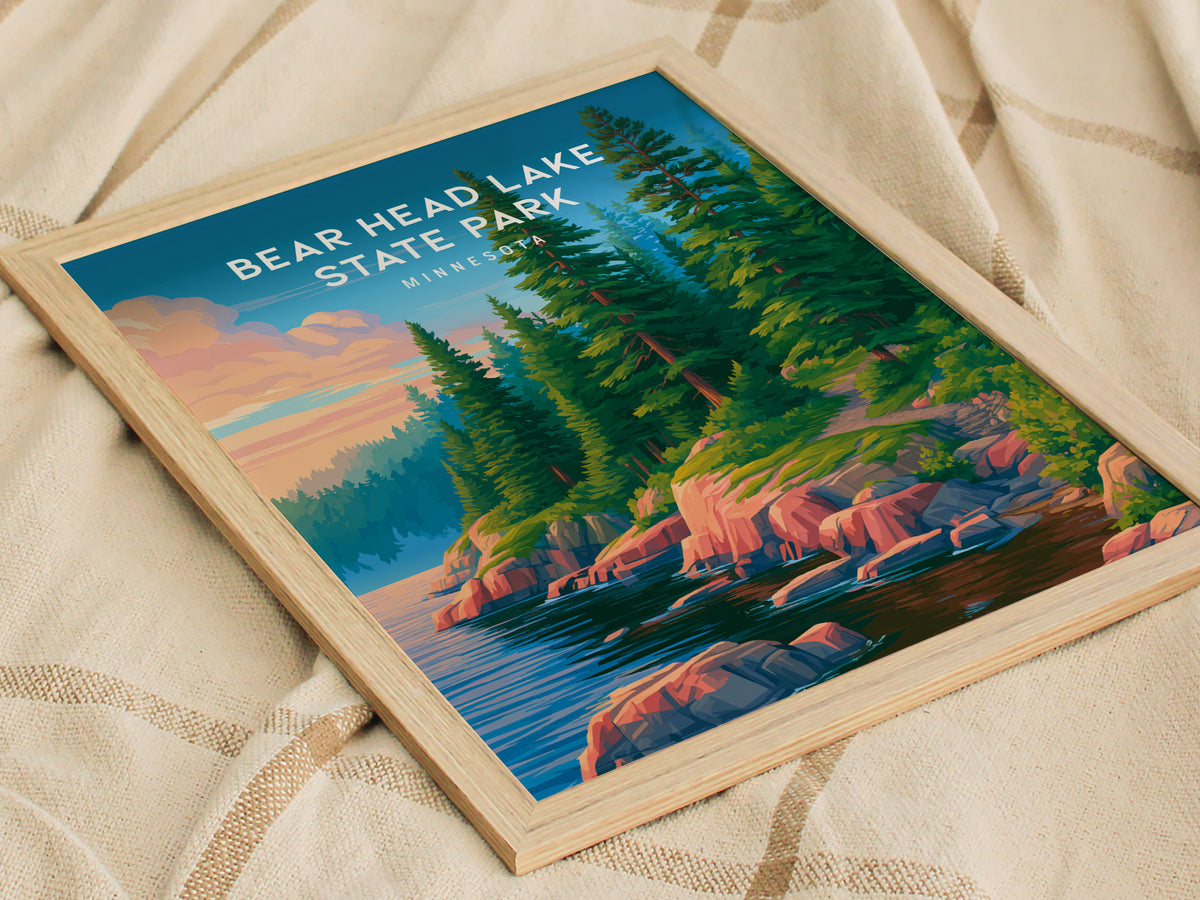 Bear Head Lake State Park, Minnesota Poster | Northwoods Lakeside Wilderness Wall Art — styled in a modern interior