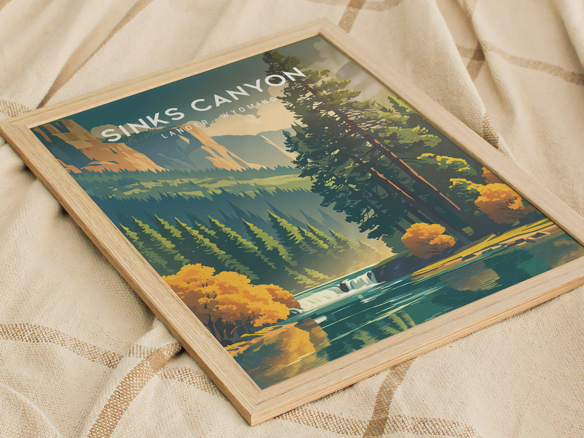 Sinks Canyon, Lander, Wyoming Poster | Wild River & Canyon Cliffs Destination Print — styled in a modern interior