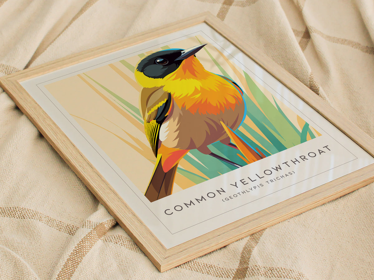 Common Yellowthroat, Geothlypis trichas Poster | Vibrant Warbler Nature Poster Wall Art — styled in a modern interior