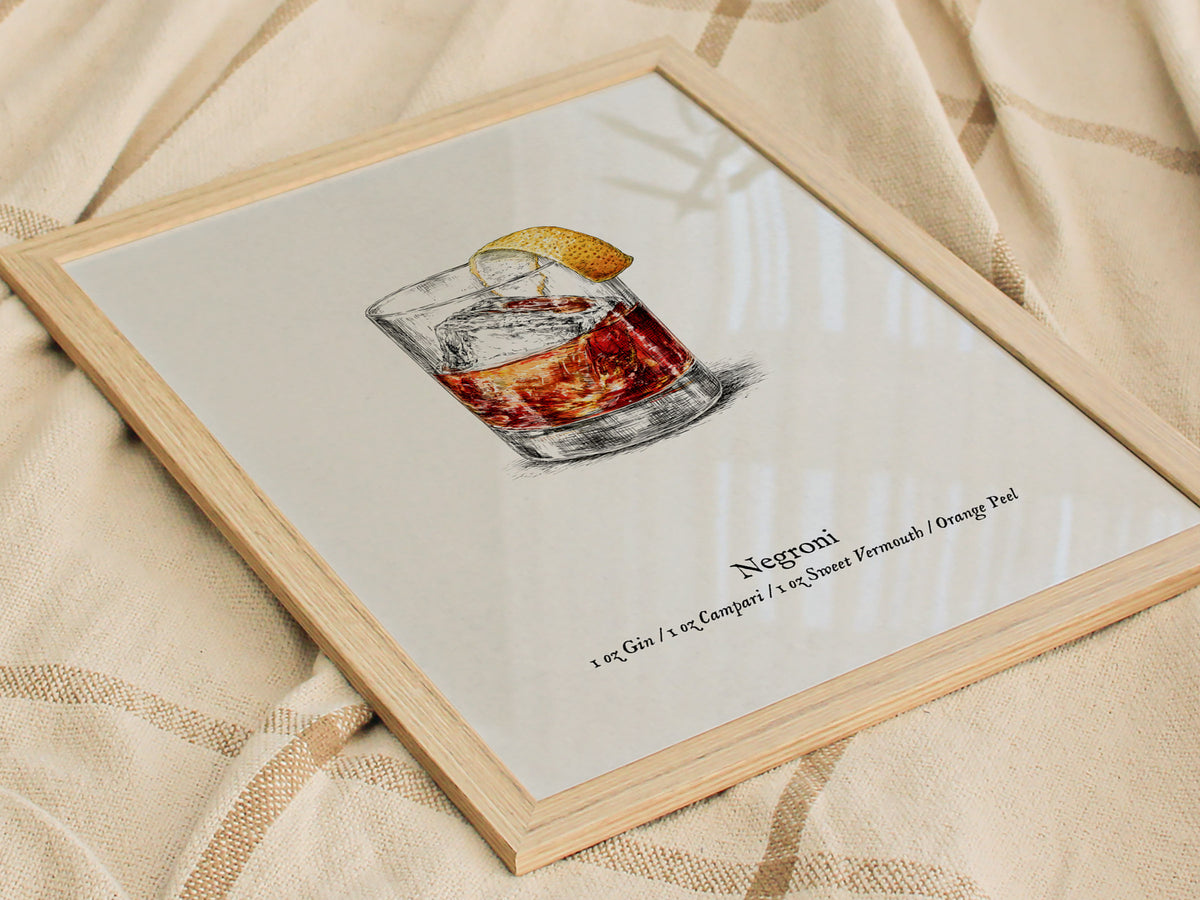 Negroni Poster | Vintage Cocktail Scientific Illustration Wall Art — styled in a modern interior
