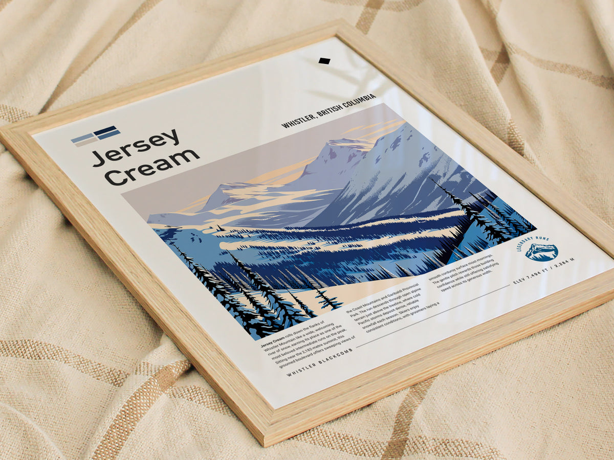 Jersey Cream, Whistler, British Columbia Poster | Alpine Print Ski Lodge Decor Wall Art — styled in a modern interior
