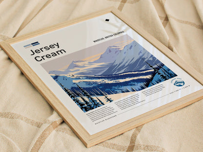 Jersey Cream, Whistler, British Columbia Poster | Alpine Print Ski Lodge Decor Wall Art — styled in a modern interior