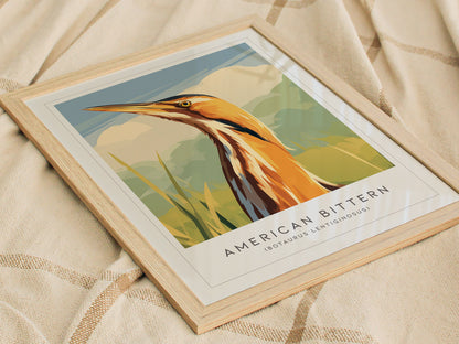 American Bittern Poster | Marshland Heron Wildlife Wall Art — styled in a modern interior
