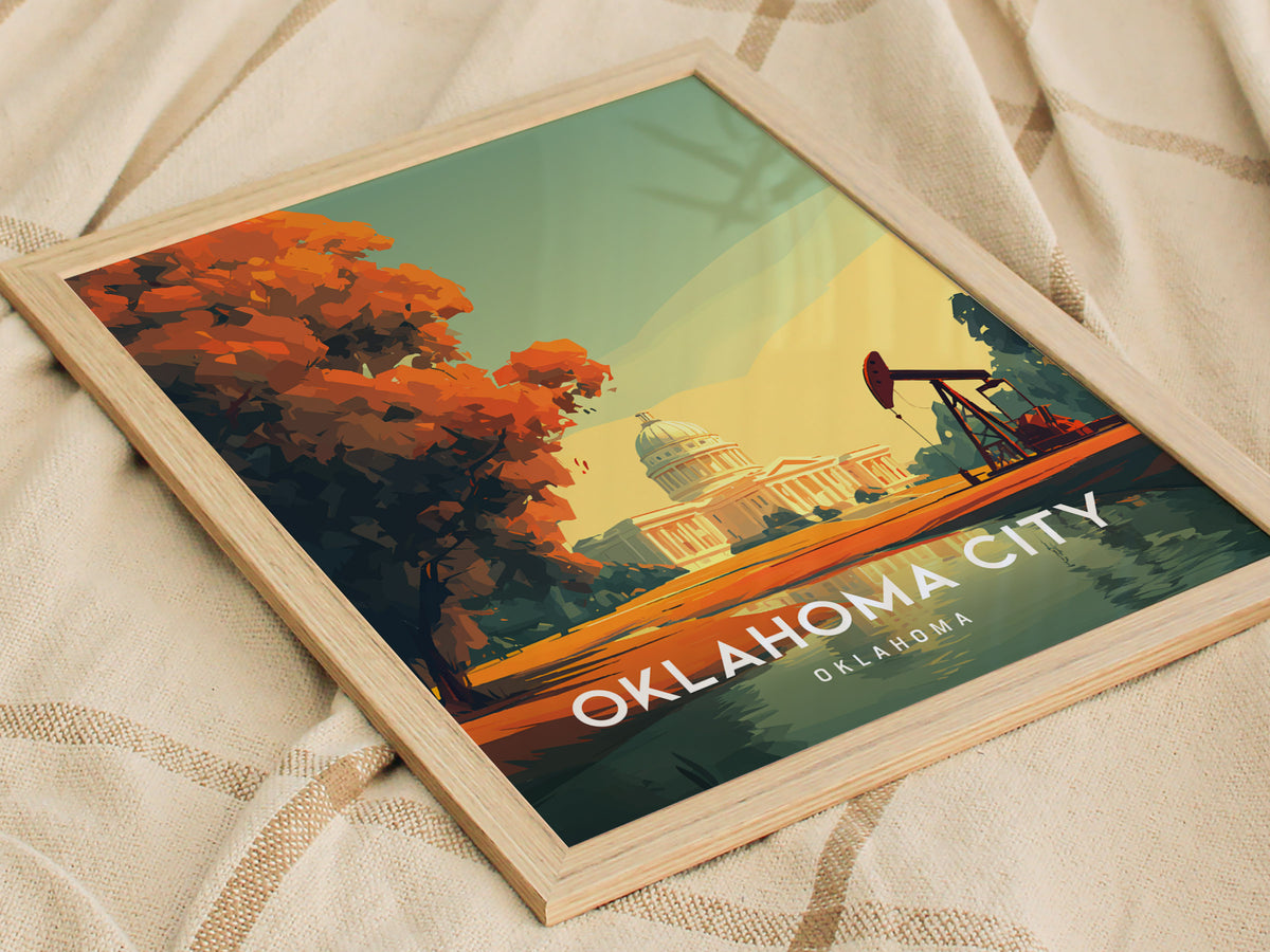 Oklahoma City, Oklahoma Poster | Bold Skyline & Prairie Charm Wall Art — styled in a modern interior