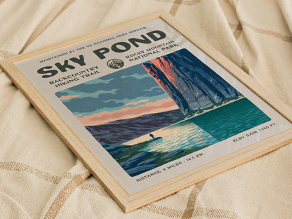 Sky Pond, Rocky Mountain National Park Poster | Hiker Gift | Backcountry Trail Wall Art — styled in a modern interior
