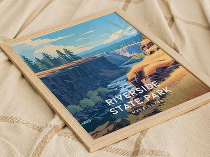Riverside State Park, Washington Poster | Scenic River Trail Destination Print Wall Art — styled in a modern interior