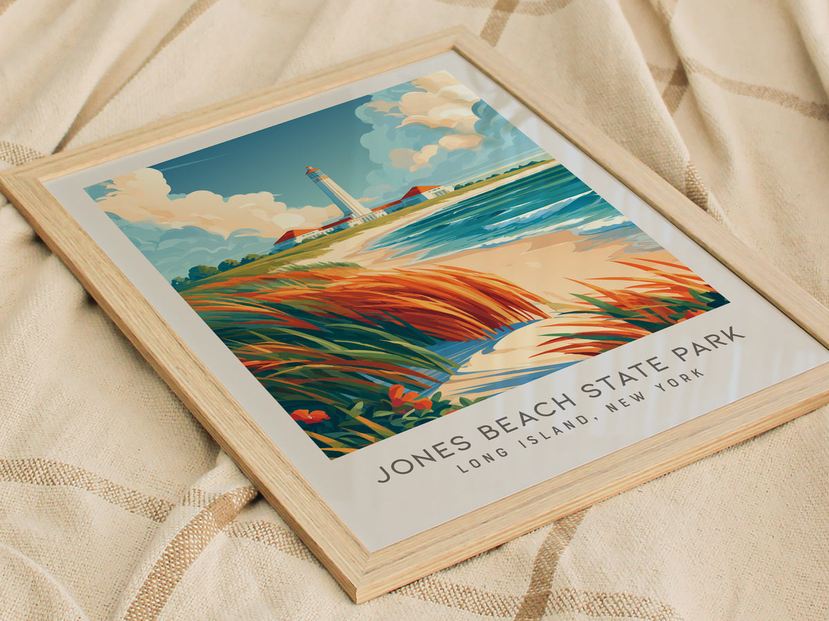 Jones Beach State Park Matte Border Poster | Long Island, New York Coastal Beach Decor — styled in a modern interior