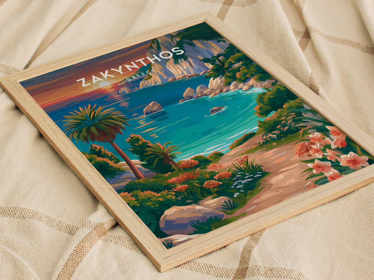 Zakynthos, Greece Poster | Turquoise Shipwreck Cove Destination Print Wall Art — styled in a modern interior