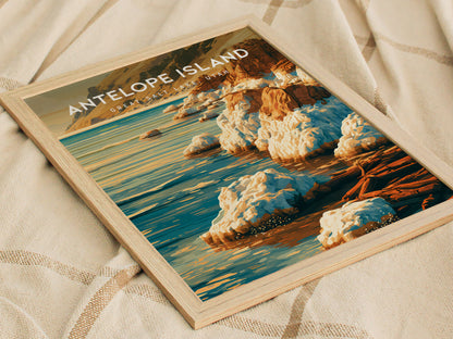 Antelope Island Poster | Great Salt Lake, Utah Framed or Unframed Travel Gift Wall Art — styled in a modern interior