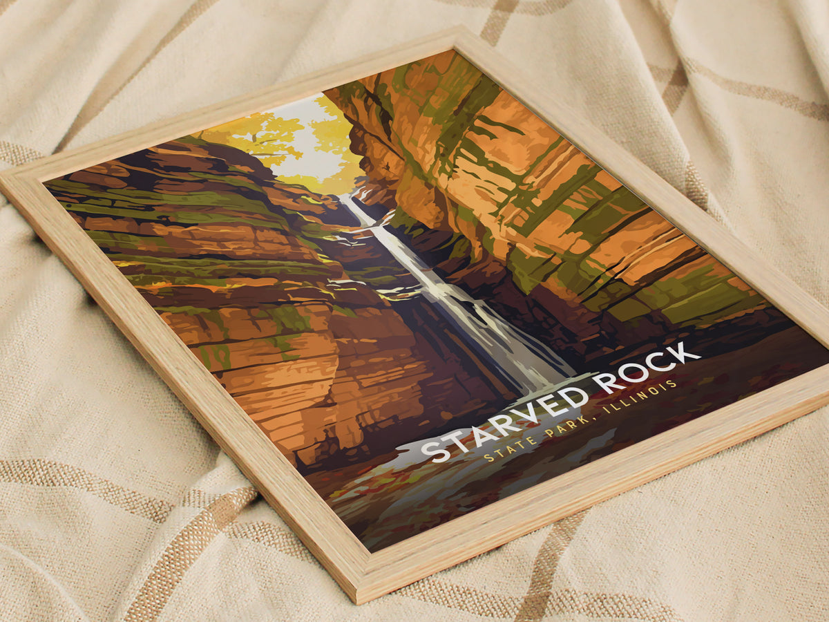 Starved Rock State Park, Illinois Poster | Canyon Waterfall Destination Print Wall Art — styled in a modern interior