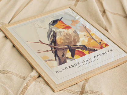Blackburnian Warbler, Setophaga fusca Poster | Fiery Songbird Nature Print Wall Art — styled in a modern interior